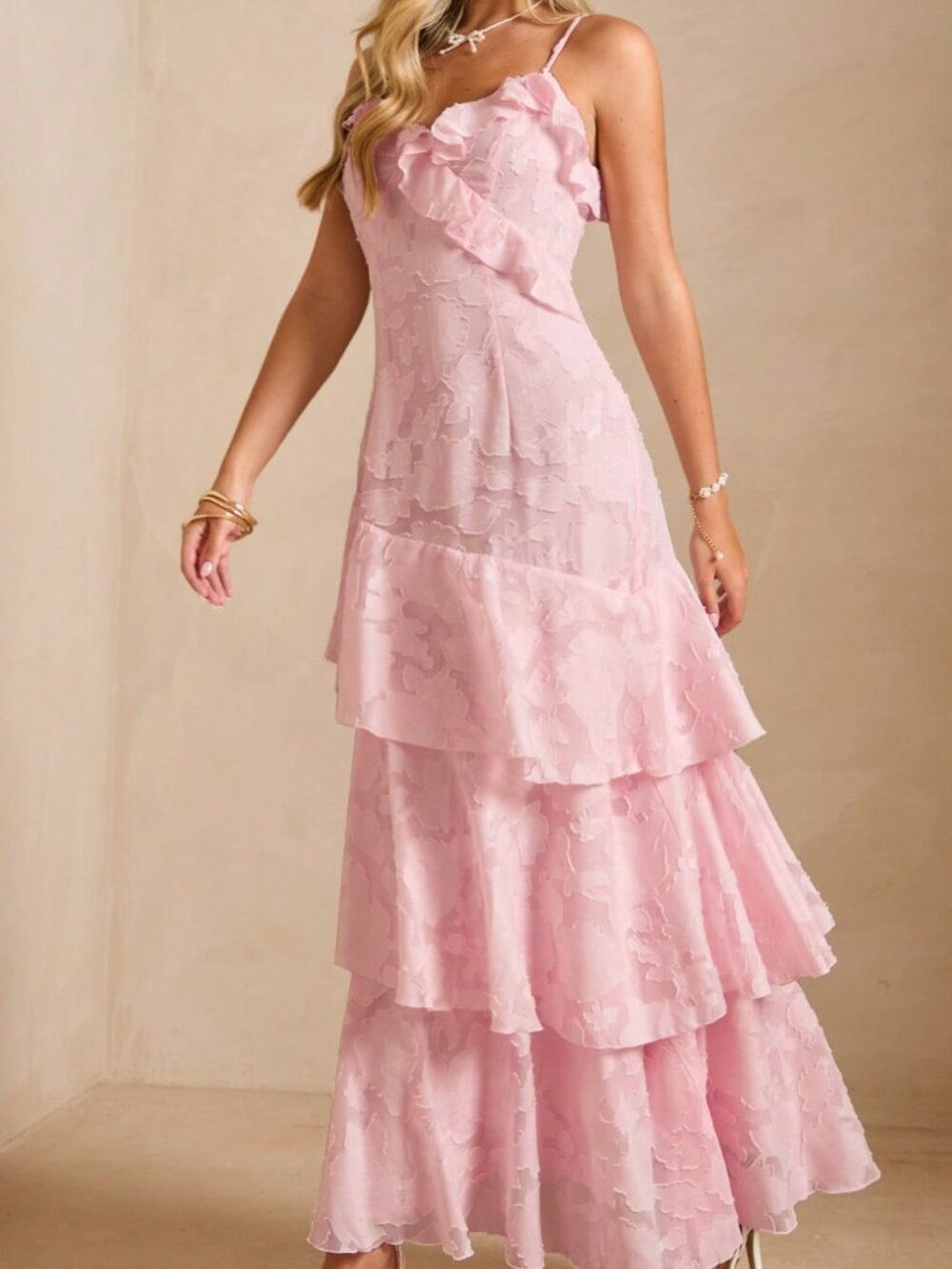 Pink Elegant Women's Romantic Cutout Patchwork Ruffle Slip Dress - Picture 4 of 7